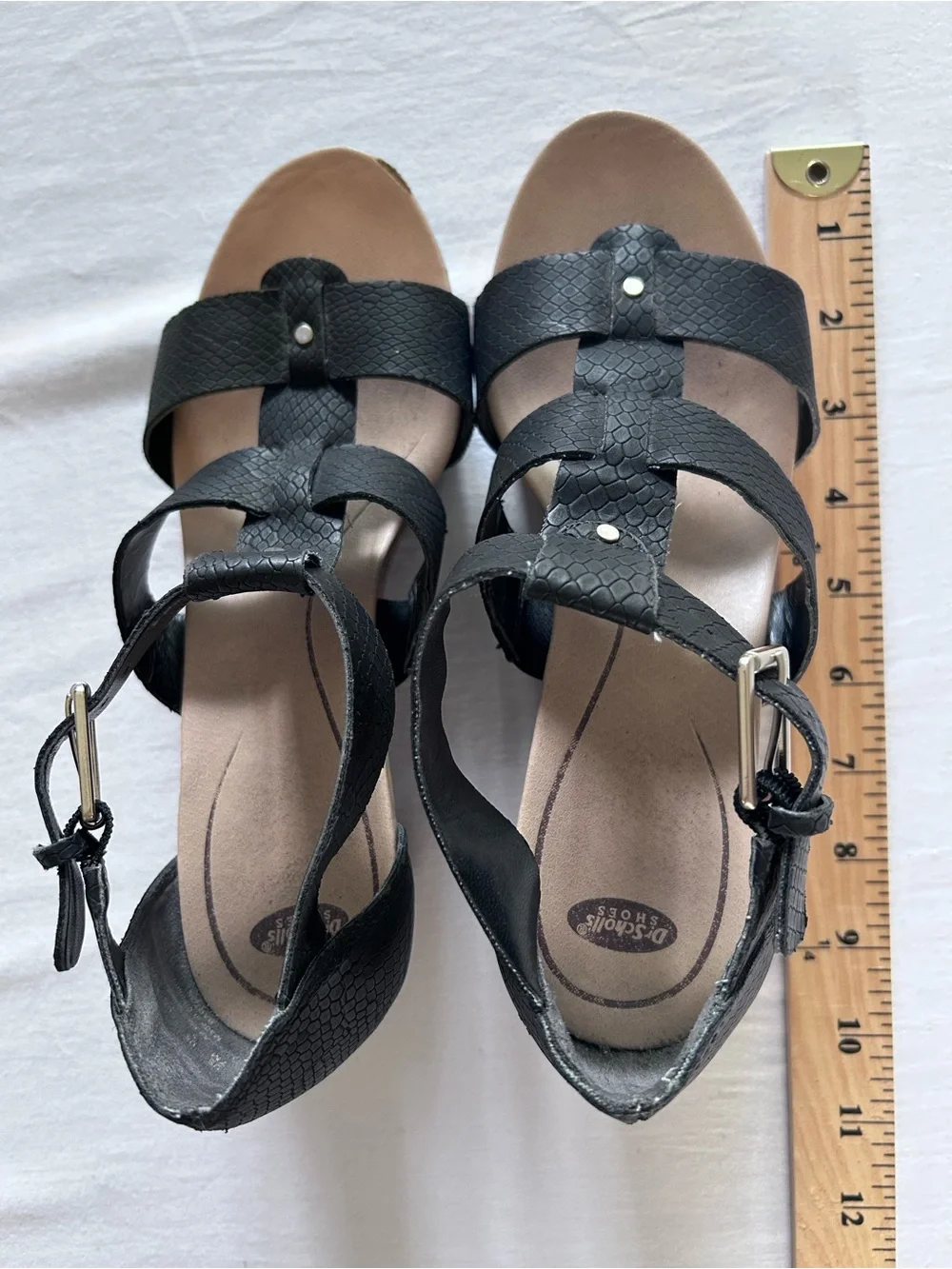 Dr. Scholl's Black Textured Strappy Wedge Sandals with Wood-Tone Heel